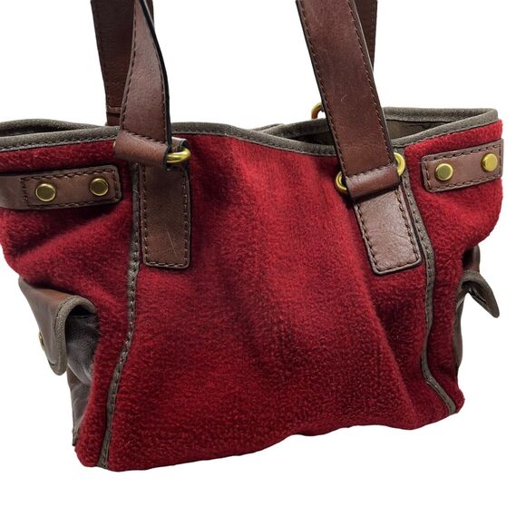 Fossil Tote Bag Womens Red Fleece With Brown Leather Trim Adrina Inner Pockets - Picture 2 of 16